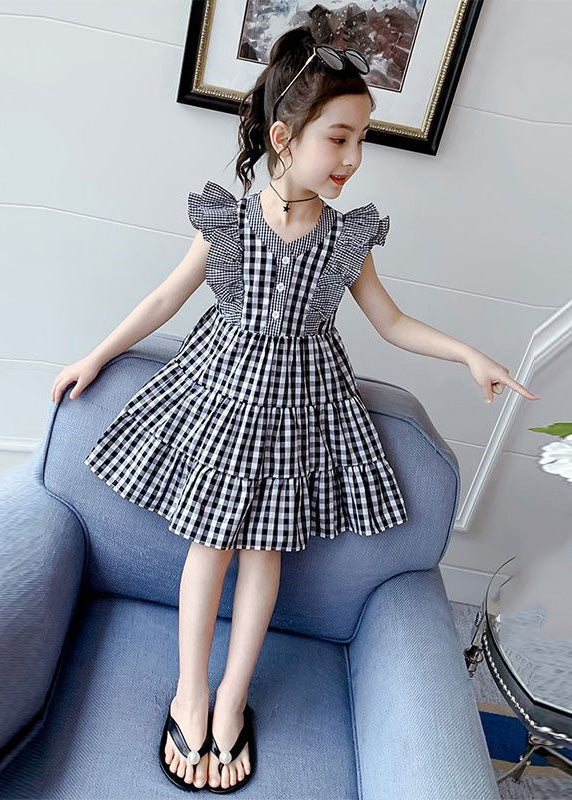 Modern Plaid V Neck Patchwork Button Cotton Kids Mid Dress Summer LY6447 - fabuloryshop