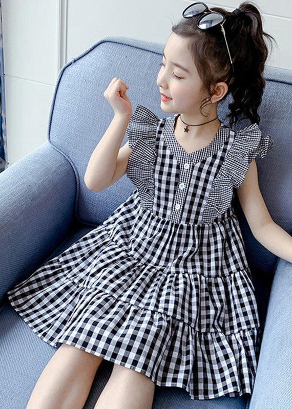 Modern Plaid V Neck Patchwork Button Cotton Kids Mid Dress Summer LY6447 - fabuloryshop