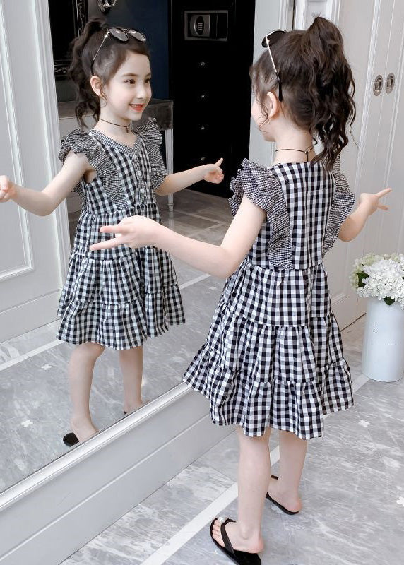 Modern Plaid V Neck Patchwork Button Cotton Kids Mid Dress Summer LY6447 - fabuloryshop