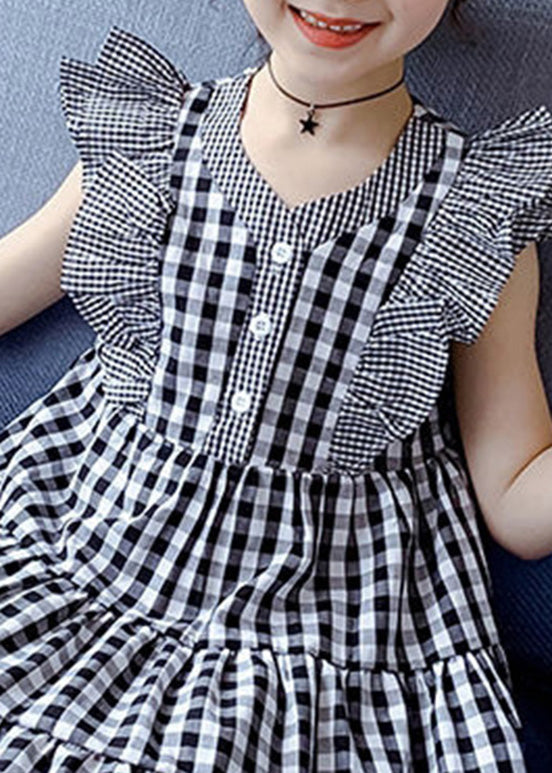 Modern Plaid V Neck Patchwork Button Cotton Kids Mid Dress Summer LY6447 - fabuloryshop