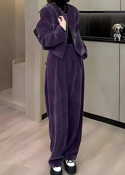 Modern Purple O-Neck Button Silk Velour Coats And Wide Leg Pants Two Pieces Set Fall Ada Fashion