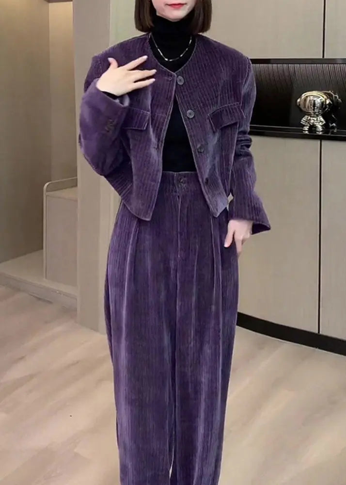 Modern Purple O-Neck Button Silk Velour Coats And Wide Leg Pants Two Pieces Set Fall Ada Fashion