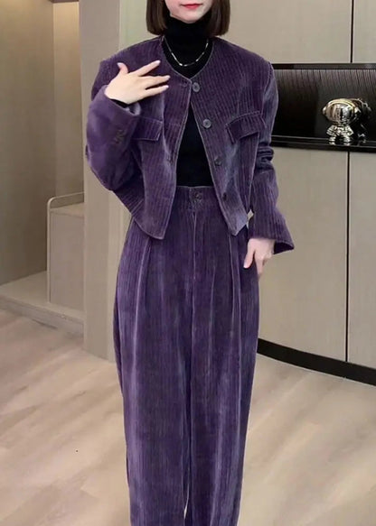 Modern Purple O-Neck Button Silk Velour Coats And Wide Leg Pants Two Pieces Set Fall Ada Fashion