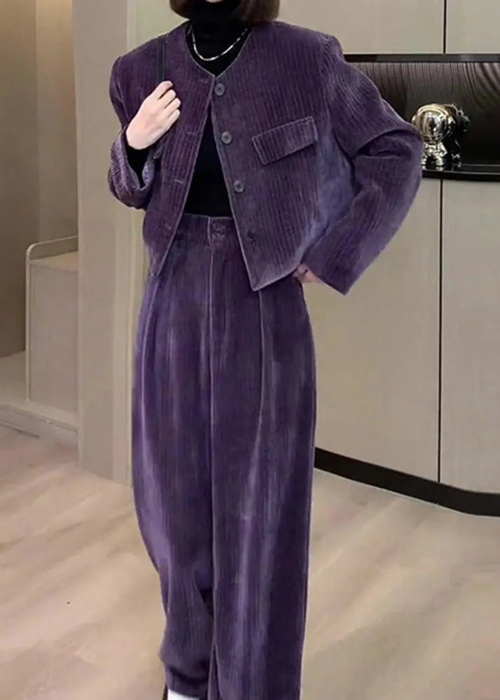 Modern Purple O-Neck Button Silk Velour Coats And Wide Leg Pants Two Pieces Set Fall Ada Fashion