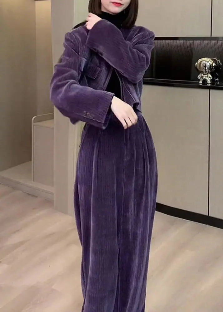 Modern Purple O-Neck Button Silk Velour Coats And Wide Leg Pants Two Pieces Set Fall Ada Fashion