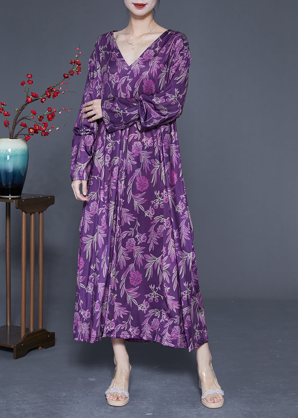 Modern Purple Oversized Print Silk Ankle Dress Spring LY1819 - fabuloryshop