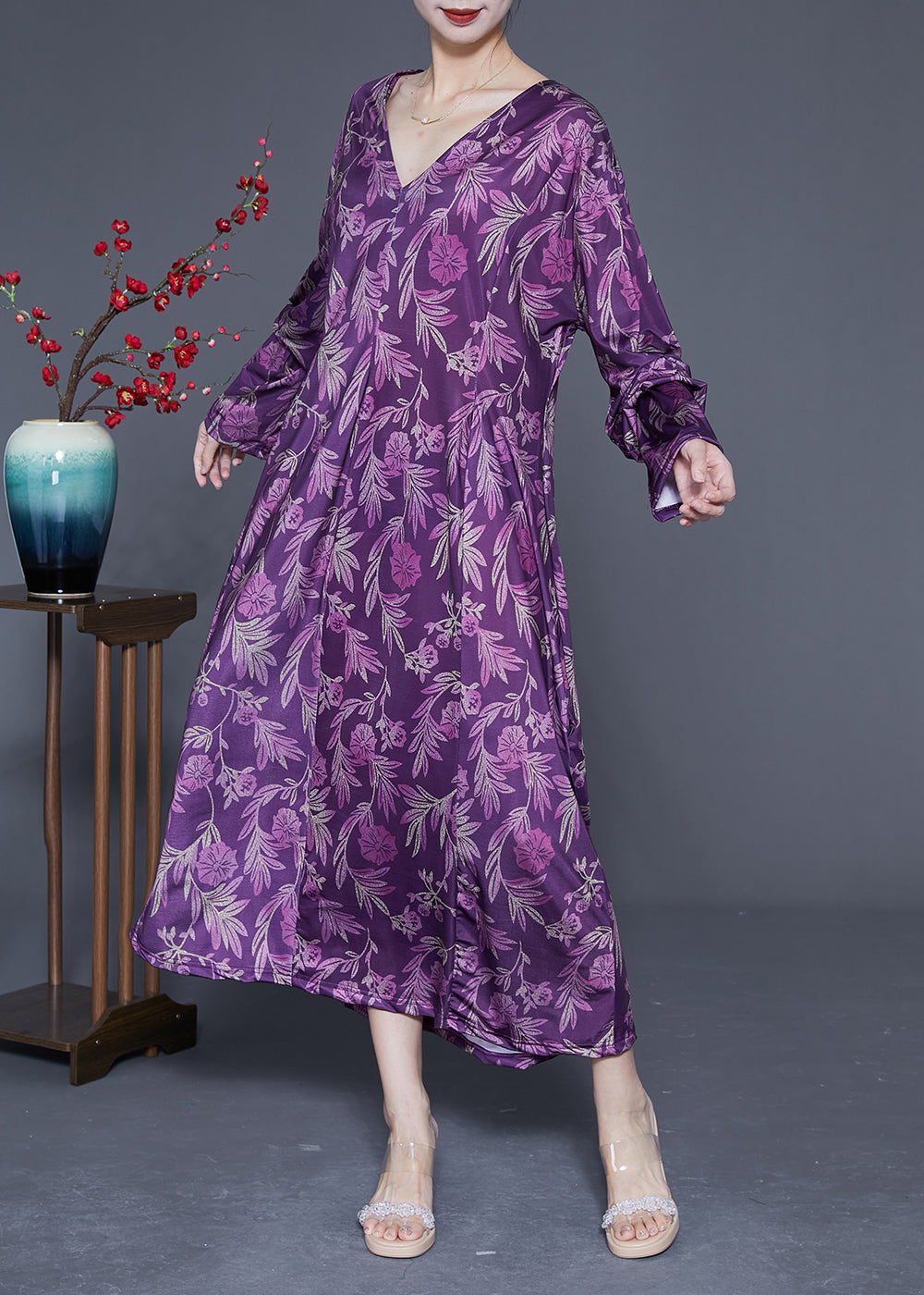 Modern Purple Oversized Print Silk Ankle Dress Spring LY1819 - fabuloryshop