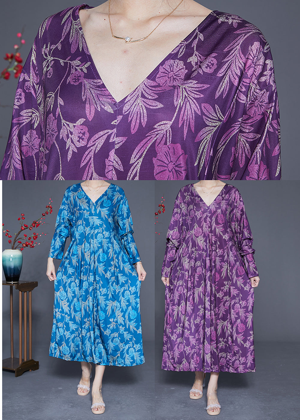 Modern Purple Oversized Print Silk Ankle Dress Spring LY1819 - fabuloryshop