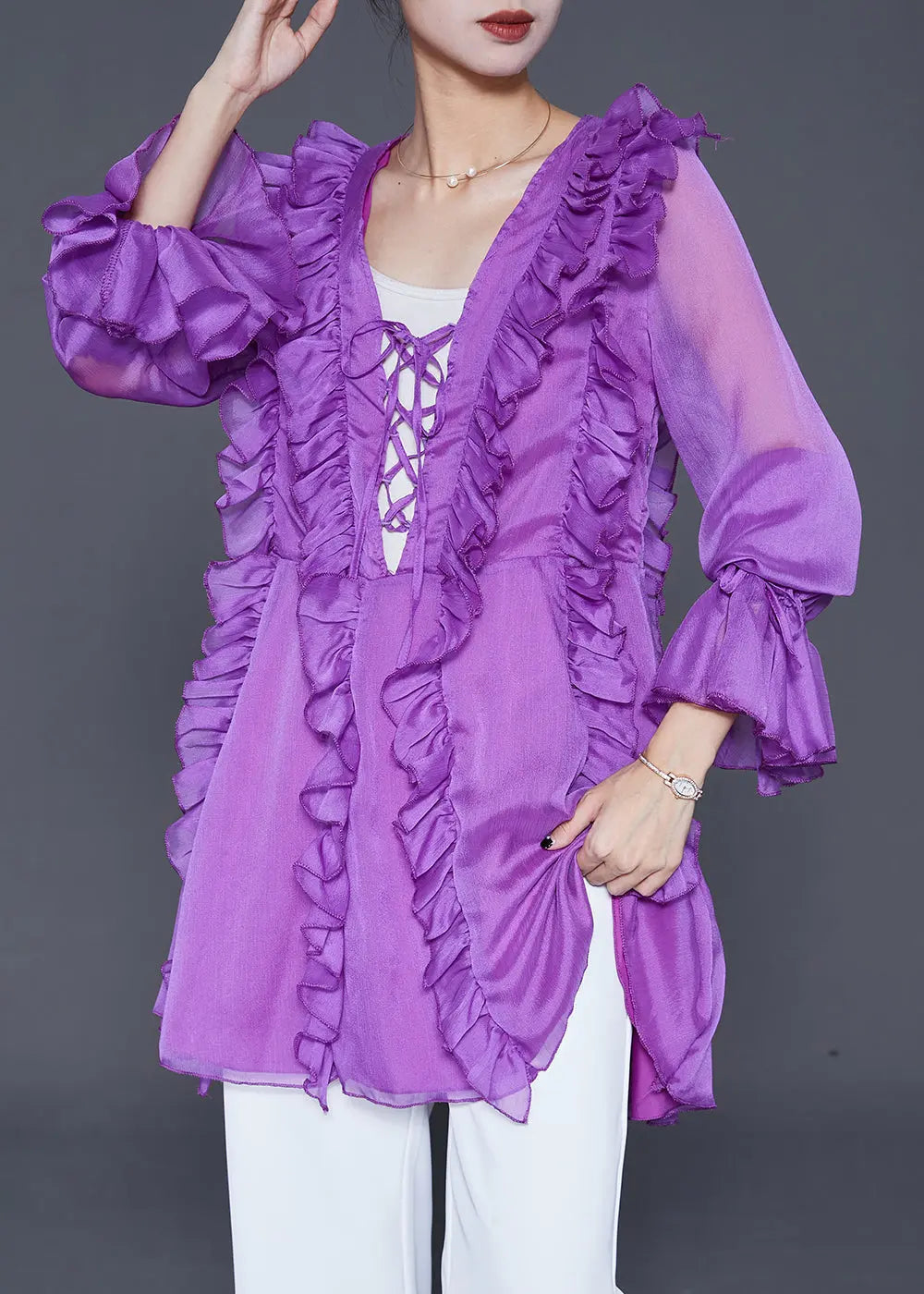 Modern Purple Ruffled Lace Up Chiffon Shirt Fall Ada Fashion