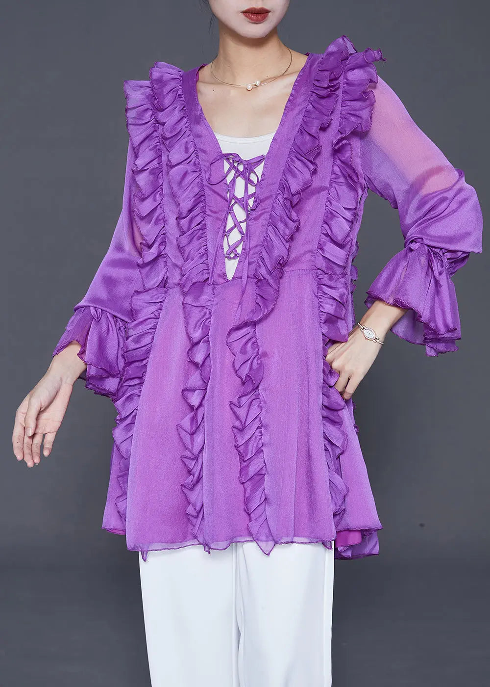 Modern Purple Ruffled Lace Up Chiffon Shirt Fall Ada Fashion