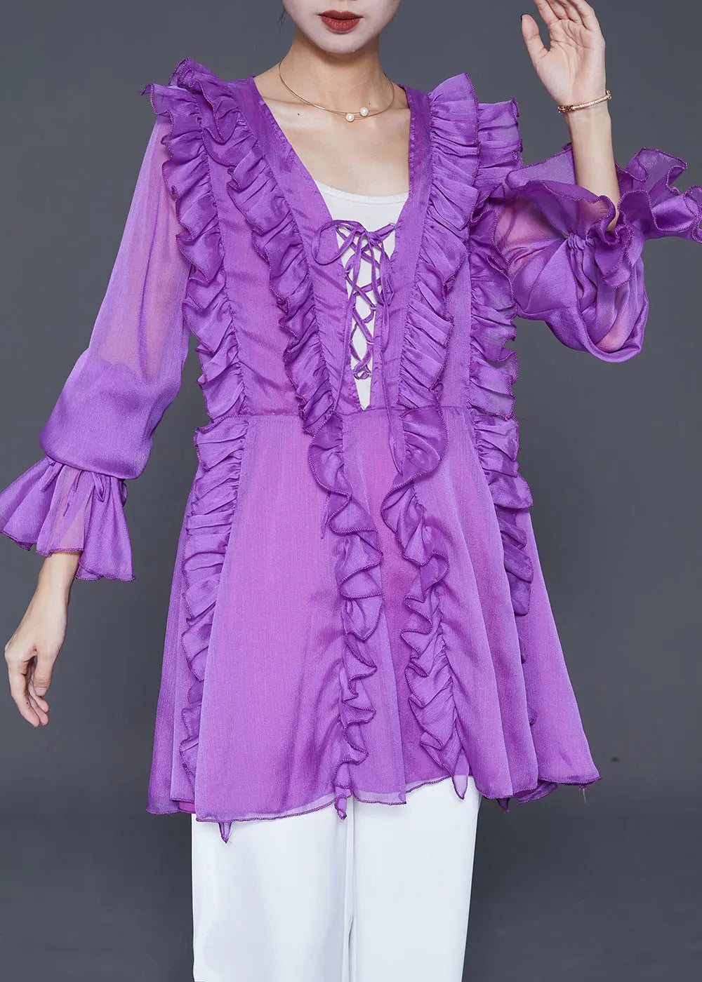 Modern Purple Ruffled Lace Up Chiffon Shirt Fall Ada Fashion