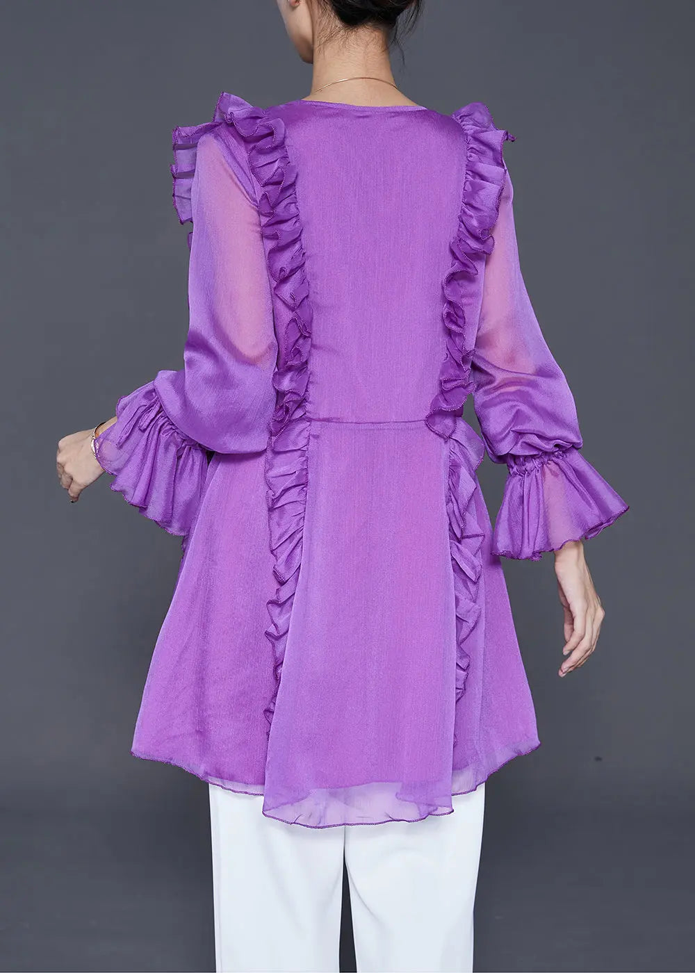 Modern Purple Ruffled Lace Up Chiffon Shirt Fall Ada Fashion