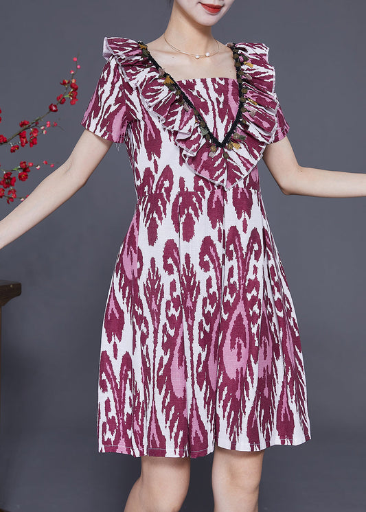 Modern Purple Ruffled Print Linen Mid Dress Summer LY3699