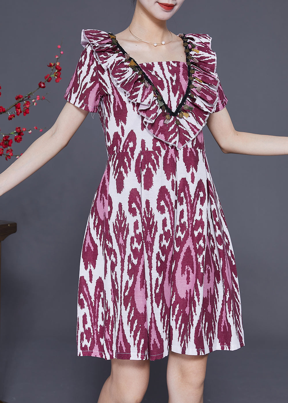 Modern Purple Ruffled Print Linen Mid Dress Summer LY3699 - fabuloryshop