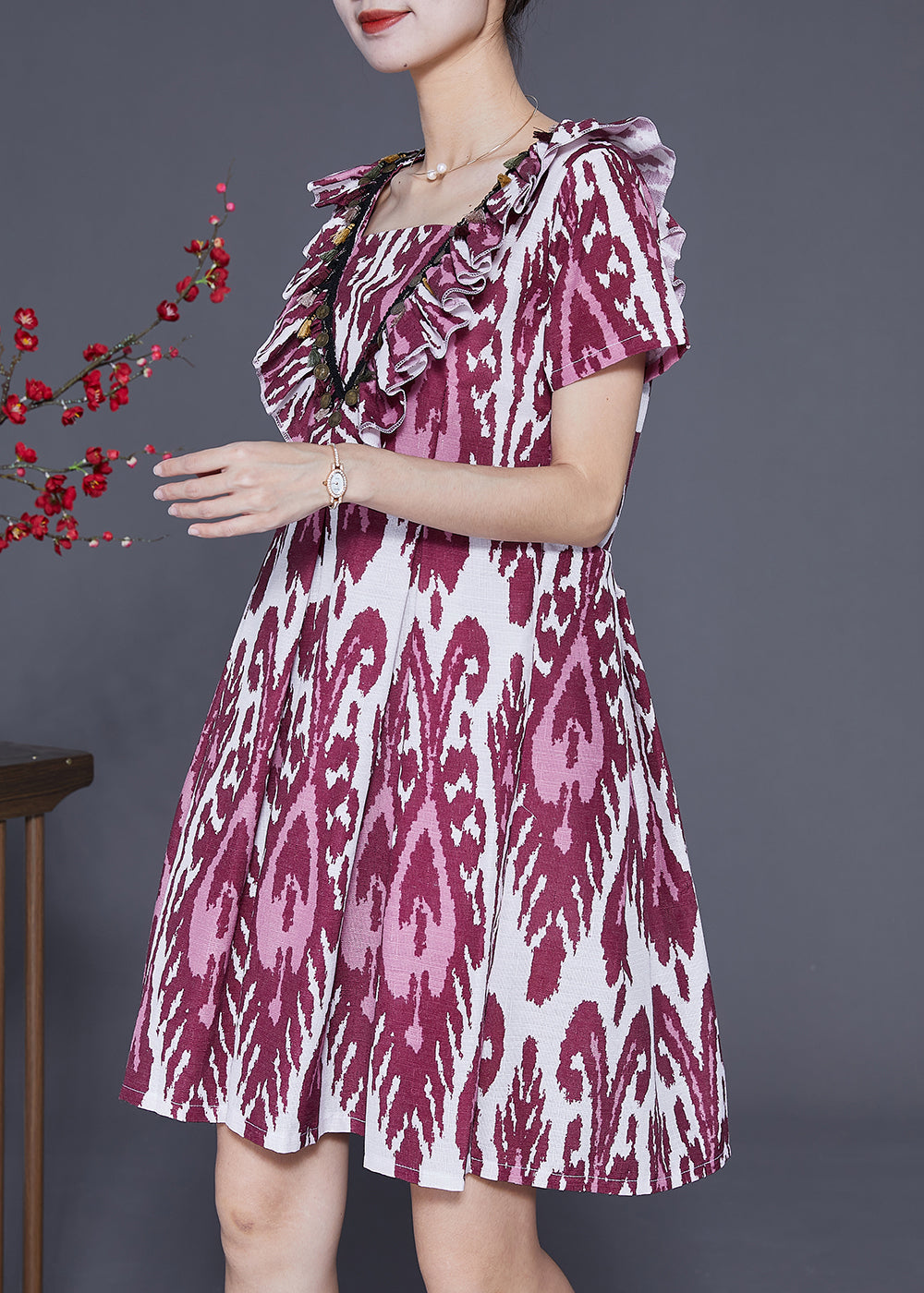 Modern Purple Ruffled Print Linen Mid Dress Summer LY3699 - fabuloryshop