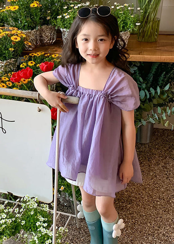 Modern Purple Slash Neck Patchwork Wrinkled Solid Chiffon Girls Mid Dress Summer LY5442 - fabuloryshop