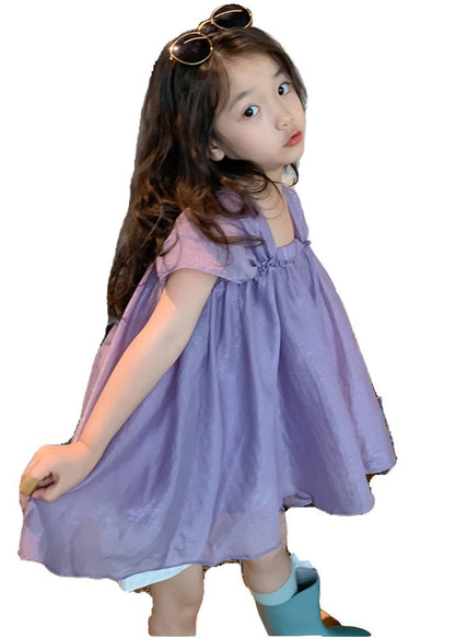 Modern Purple Slash Neck Patchwork Wrinkled Solid Chiffon Girls Mid Dress Summer LY5442 - fabuloryshop