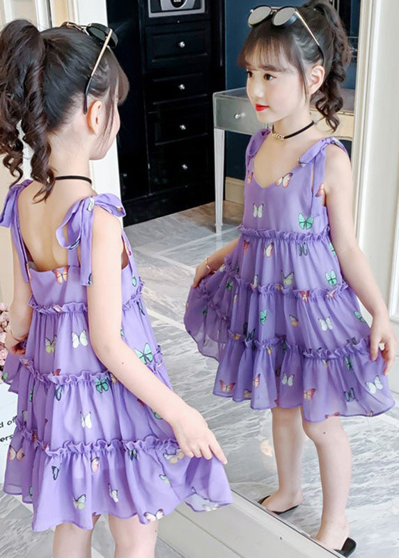 Modern Purple V Neck Print Ruffled Patchwork Kids Chiffon Slip Mid Dress Summer Ada Fashion