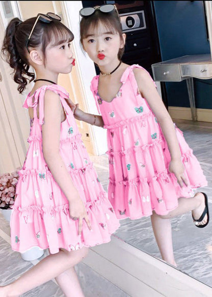 Modern Purple V Neck Print Ruffled Patchwork Kids Chiffon Slip Mid Dress Summer Ada Fashion