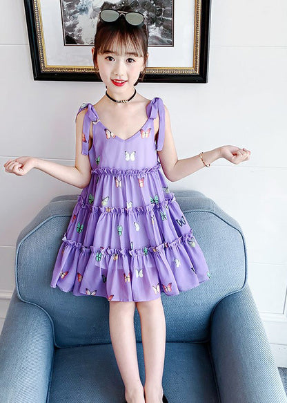 Modern Purple V Neck Print Ruffled Patchwork Kids Chiffon Slip Mid Dress Summer Ada Fashion