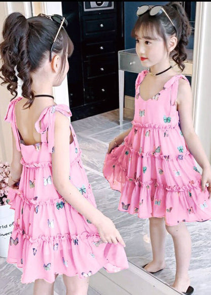 Modern Purple V Neck Print Ruffled Patchwork Kids Chiffon Slip Mid Dress Summer Ada Fashion