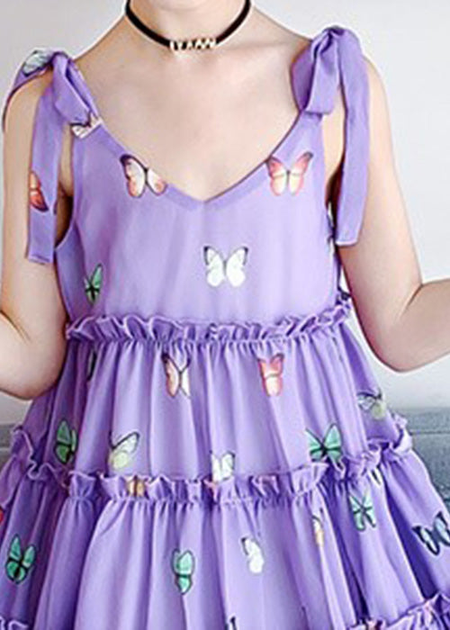 Modern Purple V Neck Print Ruffled Patchwork Kids Chiffon Slip Mid Dress Summer Ada Fashion