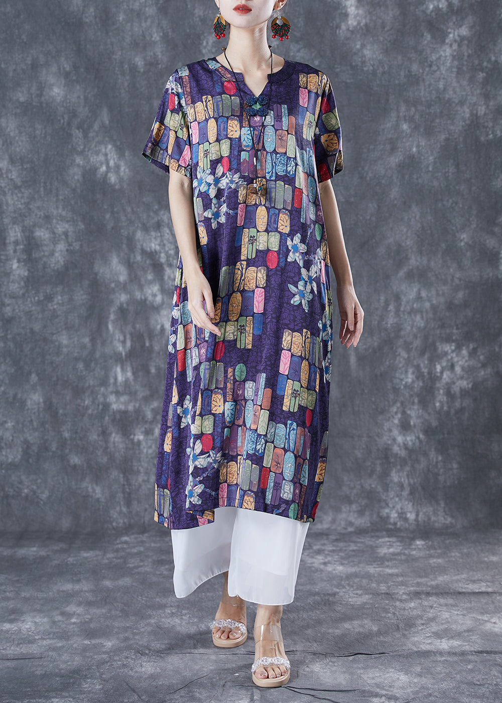 Modern Purple V Neck Print Silk Holiday Dress Summer TA1032 - fabuloryshop