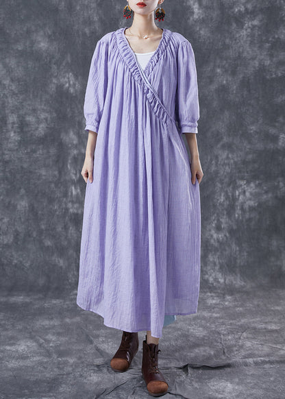 Modern Purple V Neck Wrinkled Cotton Holiday Dresses Summer LY4050 - fabuloryshop