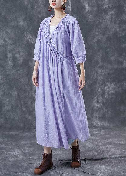 Modern Purple V Neck Wrinkled Cotton Holiday Dresses Summer LY4050 - fabuloryshop