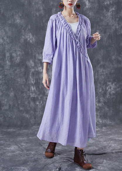 Modern Purple V Neck Wrinkled Cotton Holiday Dresses Summer LY4050 - fabuloryshop