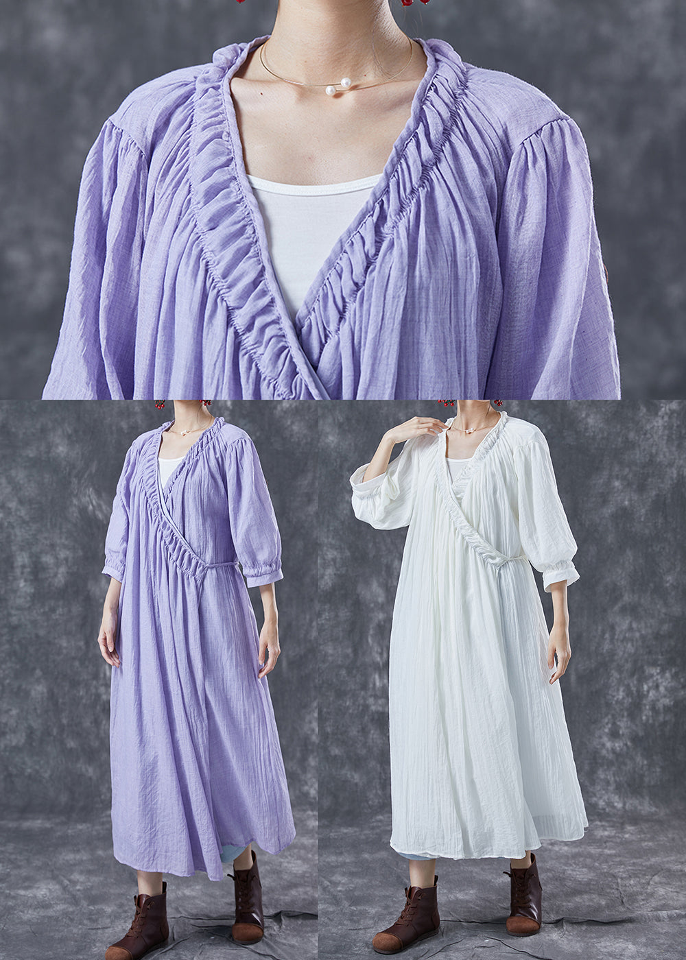 Modern Purple V Neck Wrinkled Cotton Holiday Dresses Summer LY4050 - fabuloryshop