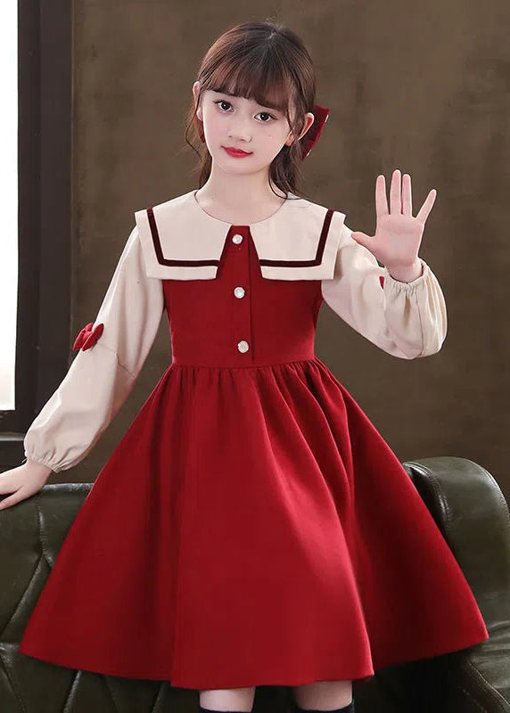 Modern Red O-Neck Patchwork Kids Long Dresses Long Sleeve Ada Fashion