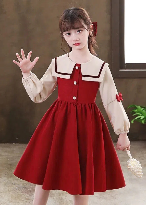 Modern Red O-Neck Patchwork Kids Long Dresses Long Sleeve Ada Fashion