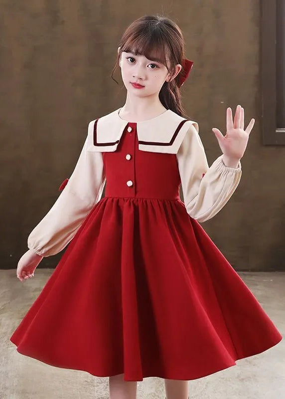 Modern Red O-Neck Patchwork Kids Long Dresses Long Sleeve Ada Fashion