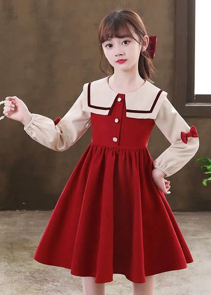 Modern Red O-Neck Patchwork Kids Long Dresses Long Sleeve Ada Fashion