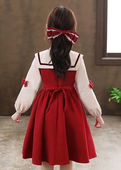 Modern Red O-Neck Patchwork Kids Long Dresses Long Sleeve Ada Fashion