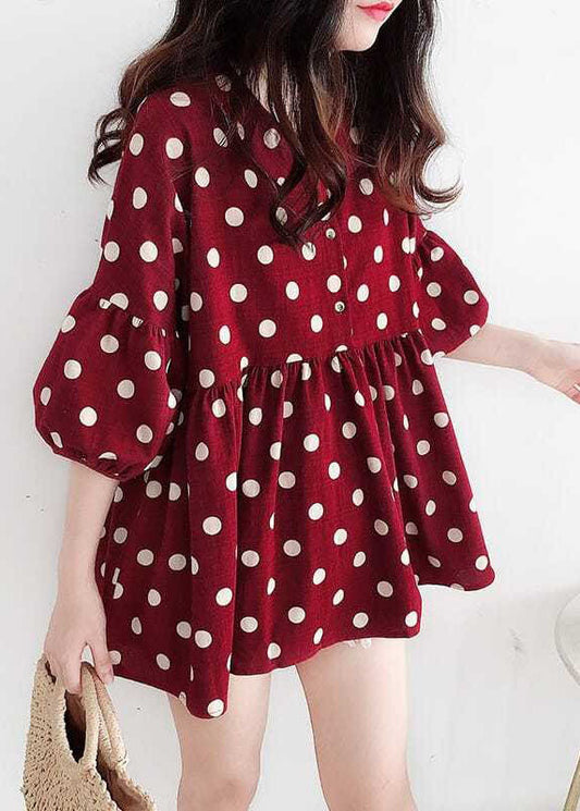 Modern Red Peter Pan Collar Dot Print Wrinkled Cotton Top Spring LY2931 - fabuloryshop