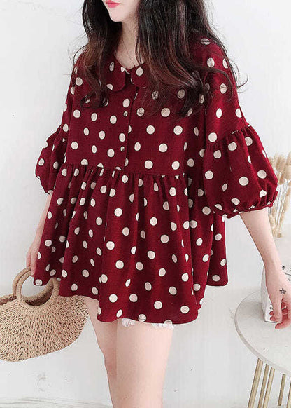 Modern Red Peter Pan Collar Dot Print Wrinkled Cotton Top Spring LY2931 - fabuloryshop