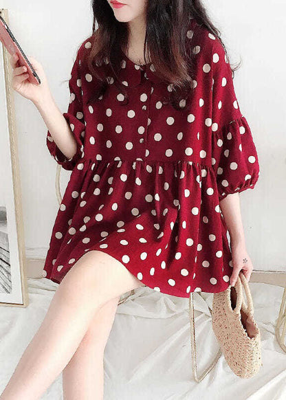 Modern Red Peter Pan Collar Dot Print Wrinkled Cotton Top Spring LY2931 - fabuloryshop