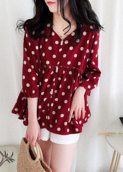 Modern Red Peter Pan Collar Dot Print Wrinkled Cotton Top Spring LY2931 - fabuloryshop