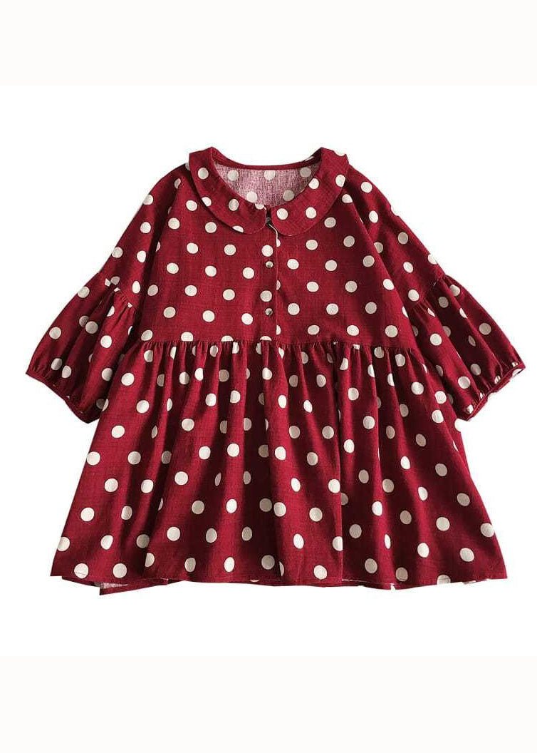 Modern Red Peter Pan Collar Dot Print Wrinkled Cotton Top Spring LY2931 - fabuloryshop