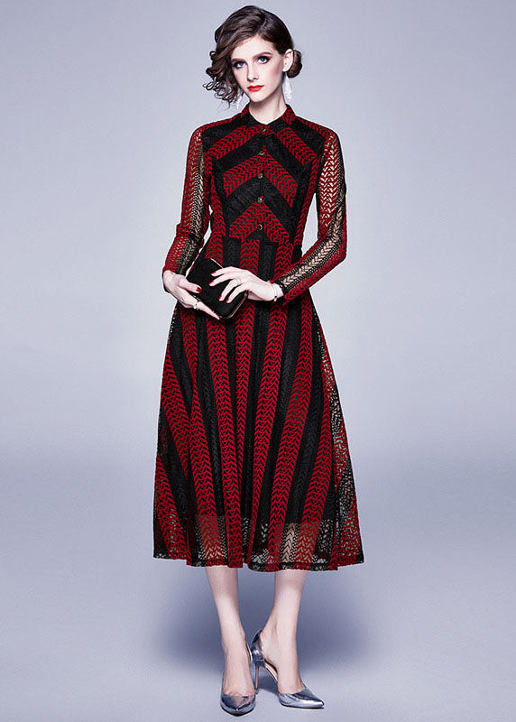 Modern Red Stand Collar Hollow Out Button Patchwork Lace Dress Summer LY7391 - fabuloryshop