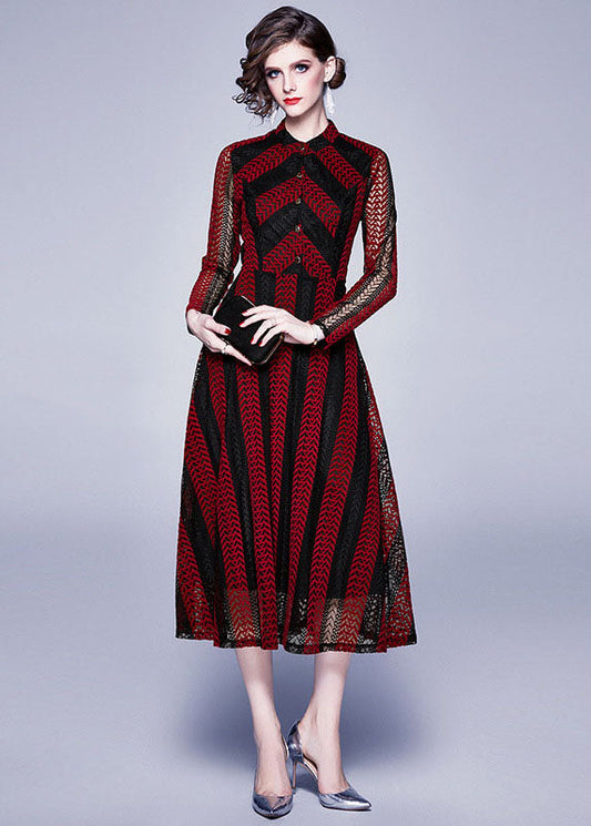 Modern Red Stand Collar Hollow Out Button Patchwork Lace Dress Summer LY7391 - fabuloryshop
