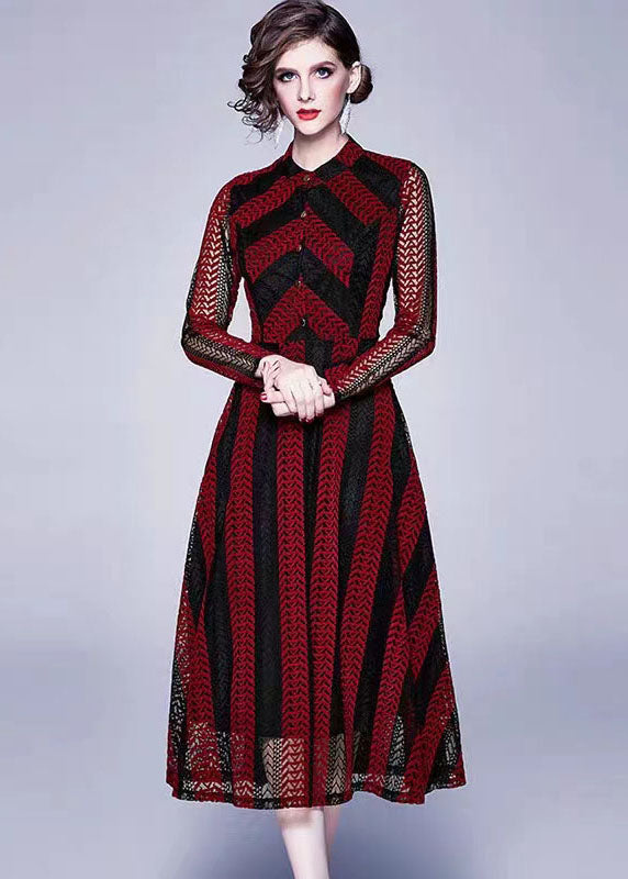 Modern Red Stand Collar Hollow Out Button Patchwork Lace Dress Summer LY7391 - fabuloryshop