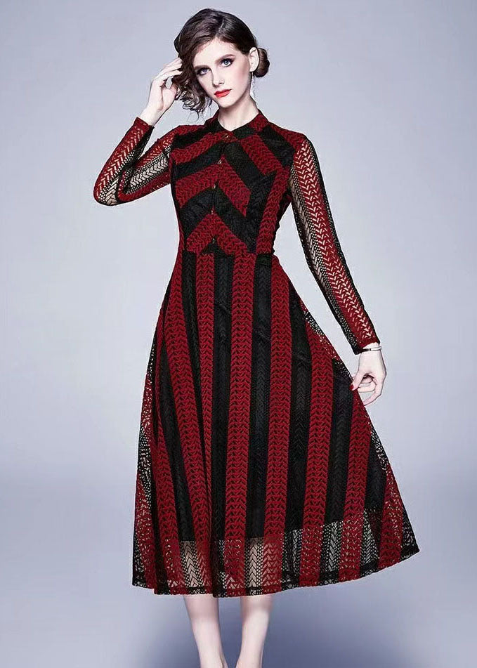Modern Red Stand Collar Hollow Out Button Patchwork Lace Dress Summer LY7391 - fabuloryshop