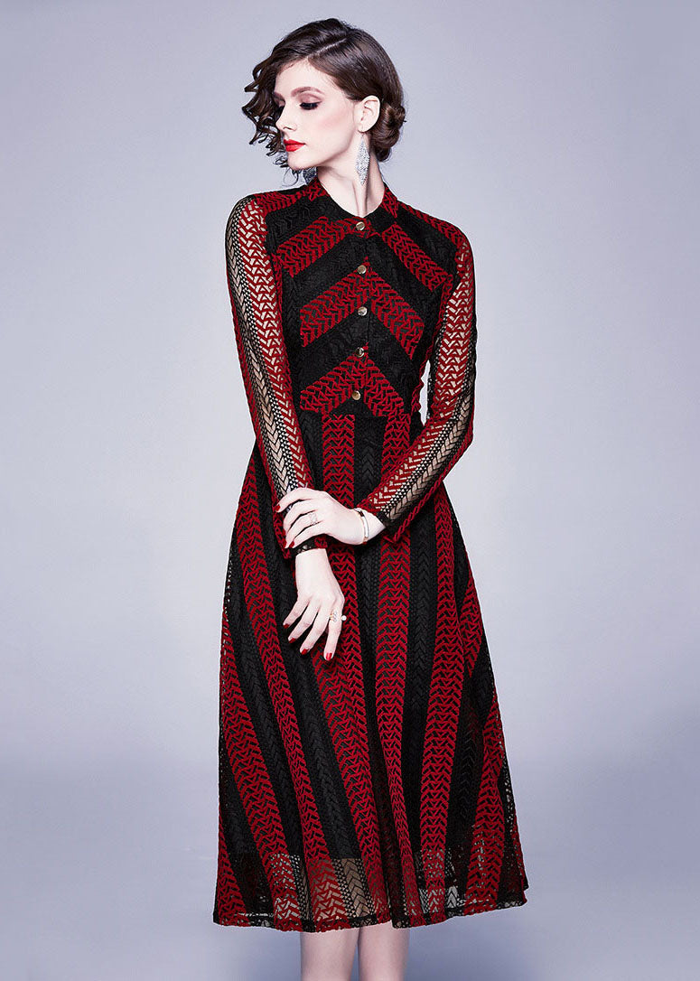 Modern Red Stand Collar Hollow Out Button Patchwork Lace Dress Summer LY7391 - fabuloryshop