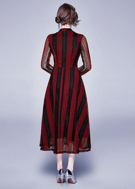 Modern Red Stand Collar Hollow Out Button Patchwork Lace Dress Summer LY7391 - fabuloryshop