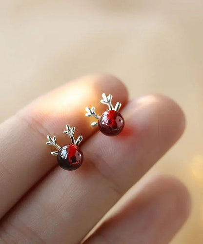 Modern Red Sterling Silver Garnet Antler Stud Earrings Ada Fashion