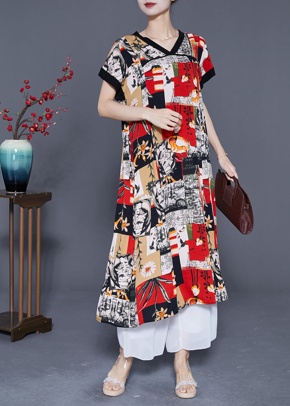 Modern Red V Neck Print Cotton Long Dresses Summer LY5405 - fabuloryshop