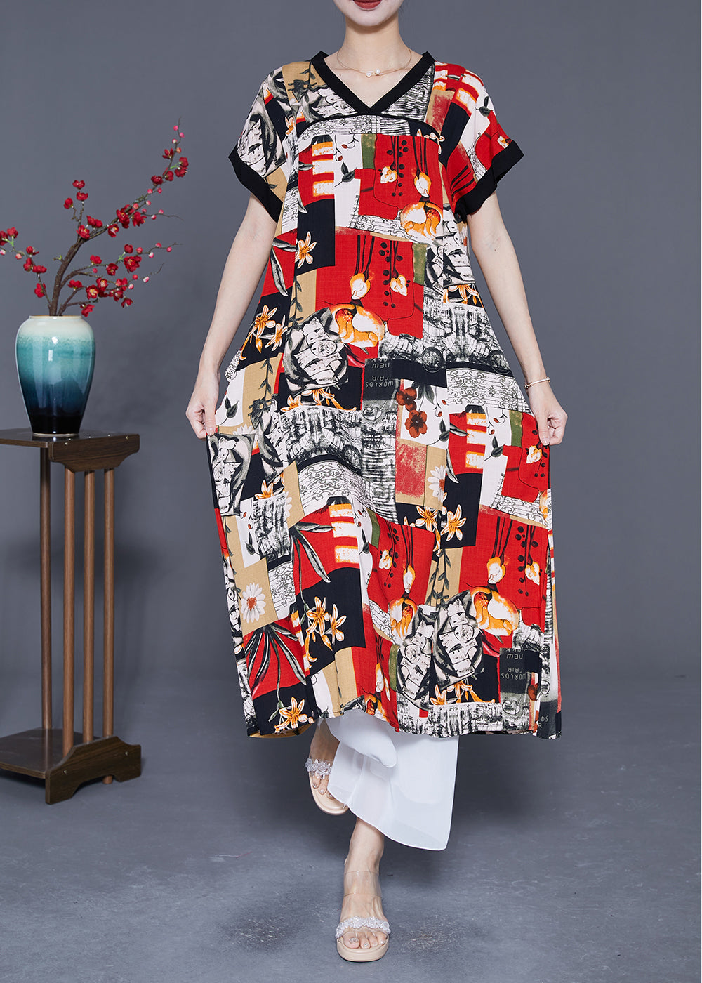 Modern Red V Neck Print Cotton Long Dresses Summer LY5405 - fabuloryshop